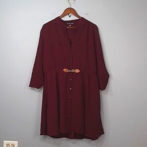 Always Indigo Buckle Coastal Cowgirl Burgundy Collared Mini Shirt Dress